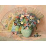 Sylvia Gardette, 20th Century French, a still life of flowers and a fan, oil on canvas, signed,
