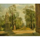 R.Perniaux, circa 1943, French School, a view outside a country house, oil on panel, signed, 10.5" x