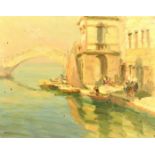 20th Century Impressionist School, figures and boats on a Venetian quay, oil on panel, 11.75" x 15.