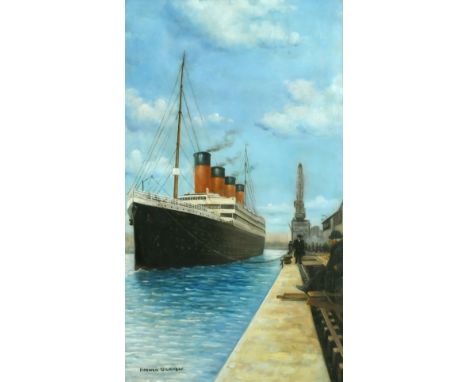 After Norman Wilkinson (20th Century) The Titanic in dock, oil on canvas, bears signature, 24" x 14".