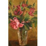Mid 20th Century French School, a study of pink roses in a glass vase, oil on board, signed, 13" x