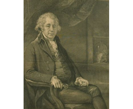A 19th Century engraving of a gentleman holding a portrait miniature in a fine incised frame, 18" x 15".