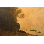 19th Century Continental School, a female figure waiting on a sandy cove, oil on canvas, signed with