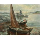 Gustave de Keukelaere (1881-1950), fishing boats moored in a Breton cove, oil on canvas, signed,