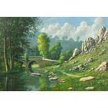 20th Century French School, two oil landscapes, both indistinctly signed, both around 16" x 24" (