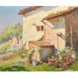 20th Century French School, a summer view of farm buildings, oil on board, 15" x 18" (38 x 46cm).