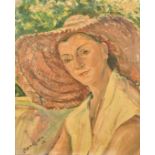 Grandjean, Circa 1958, French School, a head and shoulders portrait of a lady in a sunhat, oil on