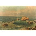Eugene Rene-His, a coastal scene of waves breaking over rocks, oil on canvas, signed, 15" x 21.
