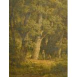 19th century French School, figures gathering items in a woodland glade, oil on canvas, indistinctly