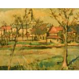 Nicole Gauthier, mid-20th Century French School, a view of a village across a river, oil on board,