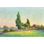 20th Century French School, an open landscape approaching dusk, oil on canvas, 15" x 21.75" (38 x