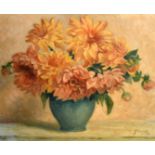 J. Camiade, Circa 1938, French School, a still life of colourful flowers in a green vase, oil on
