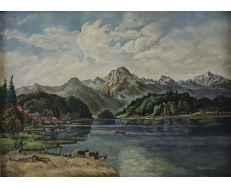 Unbekannte/r Künstler/in (20.Jh.) - Kochelsee mit Herzogstand und Heimgarten, 1949, Öl auf Leinwand, unten rechts signiert "V
