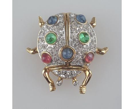 Vintage-Käferbrosche - Vogue Bijoux /USA, in Marienkäfer-Form, Metall vergoldet, stilisiert. Körper ausgefasst mit weißem Str