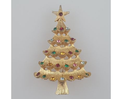 Vintage-"Christmas"-Brosche - MYLU/USA, Weihnachtsbaum, goldfarbenes Metall, fein ziseliert, Besatz mit facettierten farbigen