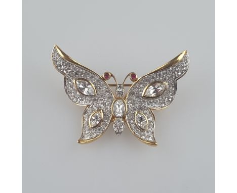 Vintage-Brosche - Attwood &amp;amp; Sawyer / Großbritannien, filigrane Schmetterlingsform, Metall vergoldet, mit rubinroten u