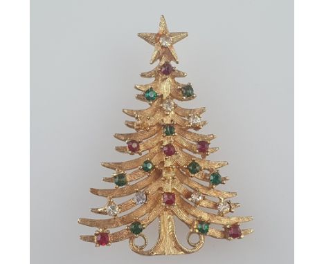 Vintage-"Christmas"-Brosche - MYLU/USA, Weihnachtsbaum, goldfarbenes Metall, Besatz mit facettierten farbigen Kristallen, ges
