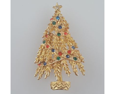 Vintage-"Christmas"-Brosche - ART/USA, Weihnachtsbaum, goldfarbenes Metall, Besatz mit facettierten farbigen Kristallen, gesi