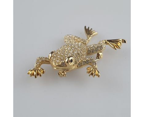Vintage-Brosche in Froschform - Henkel &amp;amp; Grosse (Pforzheim), goldfarbenes Metall, innen satiniert, Besatz mit farblos