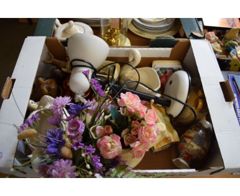 BOX OF MIXED WARES, SWAN SHAPED PLANTERS, DESK LAMP, FAKE FLOWERS, TORQUAY WARE JUG ETC