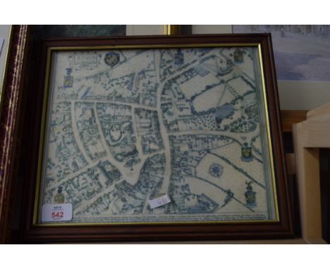 COLOURED PRINT, TOWN PLAN OF LAVENHAM, SUFFOLK, 34CM WIDE, FRAMED AND GLAZED