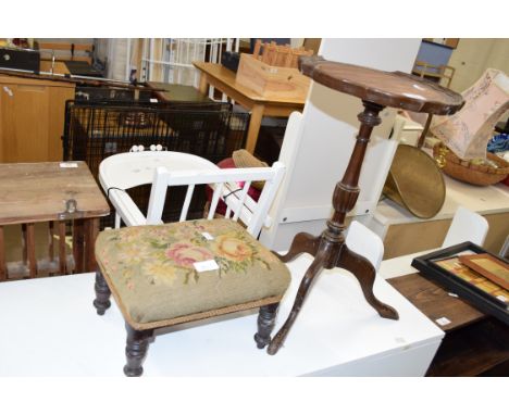 TRIPOD BASED WINE TABLE AND A SMALL FOOT STOOL WITH TAPESTRY COVER (2)