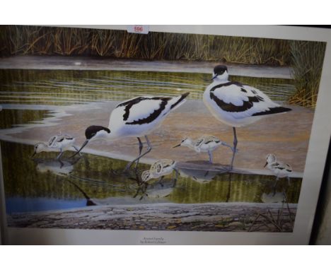 ROBERT GILLMOR, "THE AVOCET FAMILY", COLOURED PRINT, FRAMED AND GLAZED, 71CM WIDE