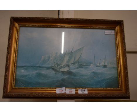 FRAMED COLOURED PRINT, SHIP IN STORMY SEAS, IN A FLORAL GILT FRAME, 51CM WIDE
