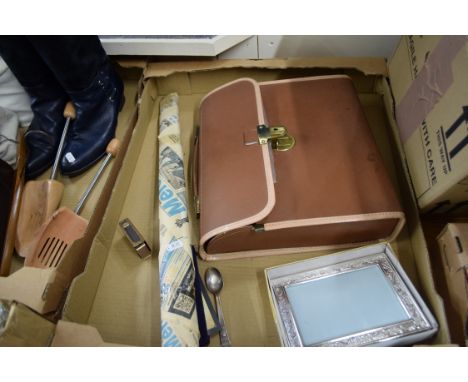 BOX OF CASED TYPEWRITER, ROYAL COMMEMORATIVE SPOON, BRASS STAIR RODS ETC