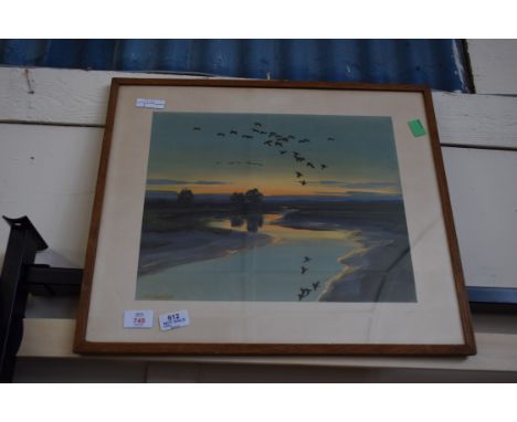 PETER SCOTT COLOURED PRINT, "FLIGHTING GEESE", FRAMED AND GLAZED, 53CM WIDE