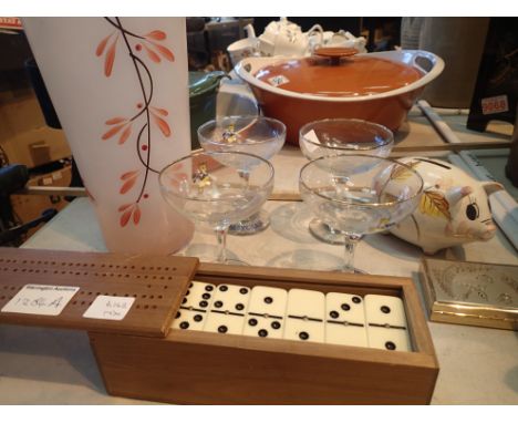 Four babycham glasses, vintage boxed dominoes etc. P&amp;P Group 1 (£14+VAT for the first lot and £1+VAT for subsequent lots)