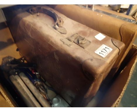Leather briefcase, vintage suitcase, mixed tools and a Miranda tripod. Not available for in-house P&amp;P, contact Paul O'Hea