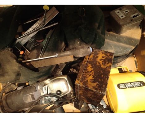 Box lot of assorted tools to include a craft angle grinder cordless spot light etc. Not available for in-house P&amp;P, conta