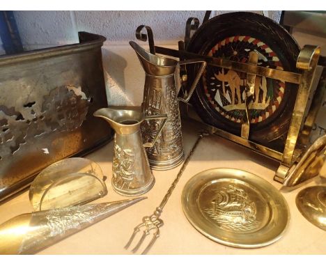 Shelf of mixed brass and metalware items to include companion set. Not available for in-house P&amp;P, contact Paul O'Hea at 