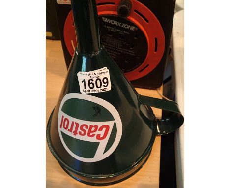 Green metal Castrol oil funnel. P&amp;P Group 2 (£18+VAT for the first lot and £3+VAT for subsequent lots) 