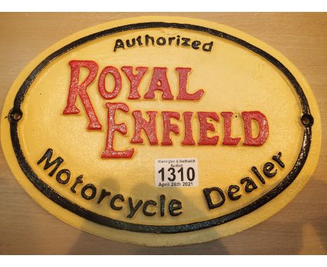 Cast iron Royal Enfield sign, L: 28 cm. P&amp;P Group 1 (£14+VAT for the first lot and £1+VAT for subsequent lots) 