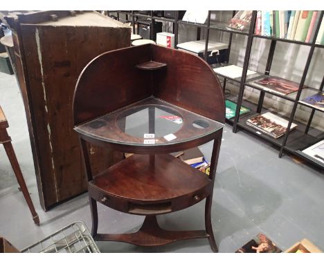 19thC mahogany corner wash stand, ceramic inserts later replaced with a glass shelf, 43 x 43 x 106 cm H. Not available for in