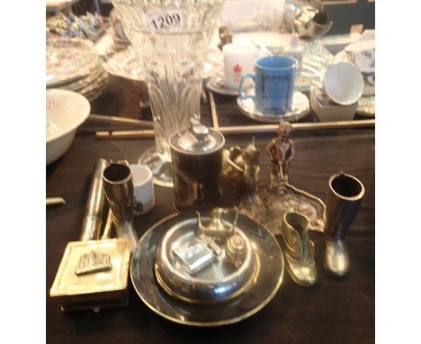 Collection of mixed brass and metal ware including advertising table lighter and a vase. Not available for in-house P&amp;P, 