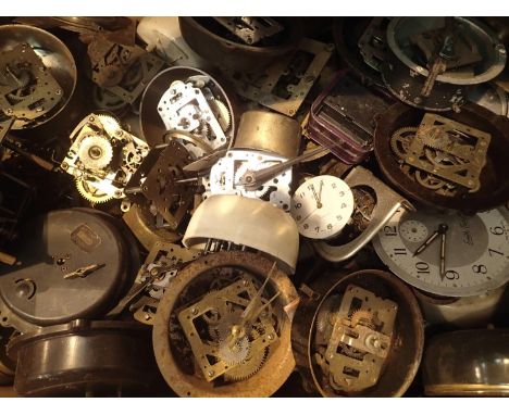 Box of assorted clock movements. Not available for in-house P&amp;P, contact Paul O'Hea at Mailboxes on 01925 659133 
