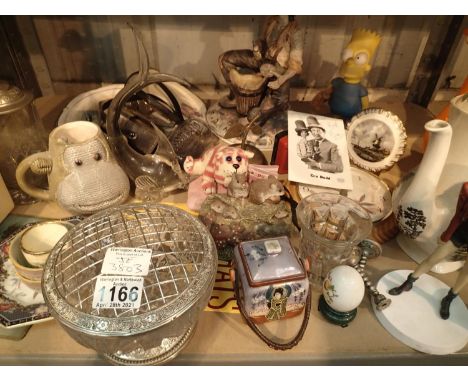 Shelf of mixed glassware and ceramics including some figures. Not available for in-house P&amp;P, contact Paul O'Hea at Mailb