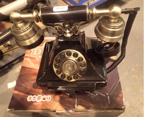 GPO Duke, push button telephone with a black &amp; brass finish and cloth, handset curly cord, compatible with standard analo