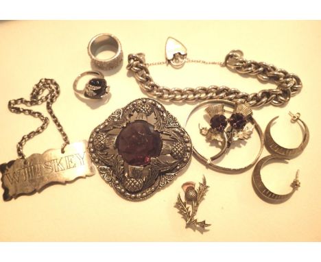 Two brooches, childs silver bangle, link bracelet with padlock and a white metal Whiskey label. P&amp;P Group 1 (£14+VAT for 