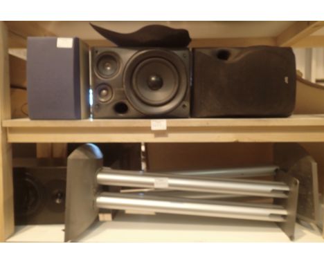 Two metal free standing speaker stands and a selection of modern music speakers. Not available for in-house P&amp;P, contact 