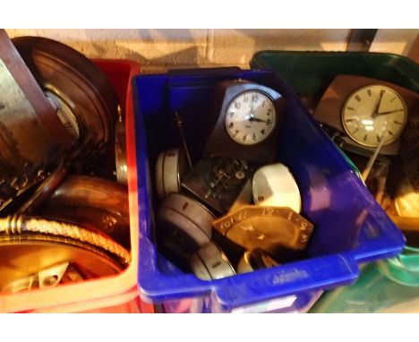 Shelf of vintage clocks and movements. Not available for in-house P&amp;P, contact Paul O'Hea at Mailboxes on 01925 659133 