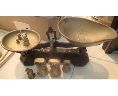 Set of Victorian cast metal confectionery scales with capstan weights. Not available for in-house P&amp;P, contact Paul O'Hea