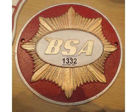 Cast iron BSA sign, D: 25 cm. P&amp;P Group 1 (£14+VAT for the first lot and £1+VAT for subsequent lots) 
