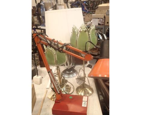 Retro type anglepoise lamp with two modern glass shaped table lamps and one other. Not available for in-house P&amp;P, contac