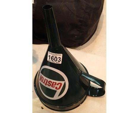 Green metal Castrol oil funnel. P&amp;P Group 2 (£18+VAT for the first lot and £3+VAT for subsequent lots) 