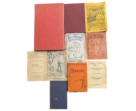 BOXING. 11 volumes. Including Ned Donnelly’s Art of Boxing. 1892. Bound in a modern red cloth binding, text block detached, w
