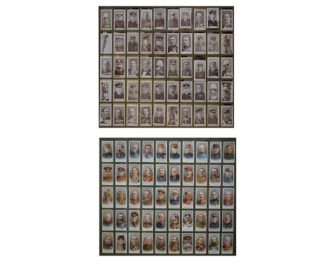 Two framed collections of Wills cigarette cards - Britain Defenders and Allied Army Leaders, each a complete set of fifty, la